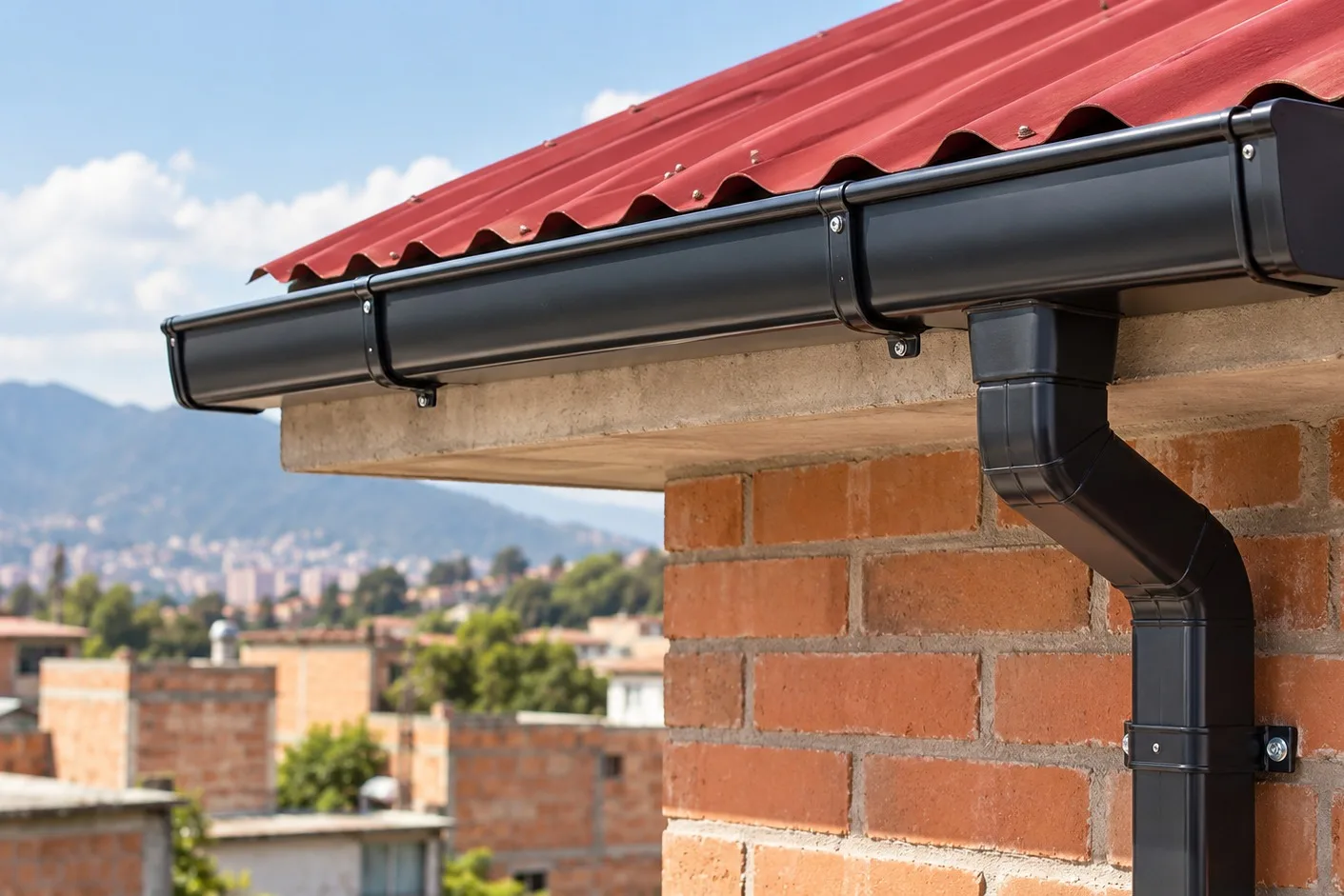 Canal y bajante nuevos en lámina oscura instalados en el borde de una cubierta de teja roja