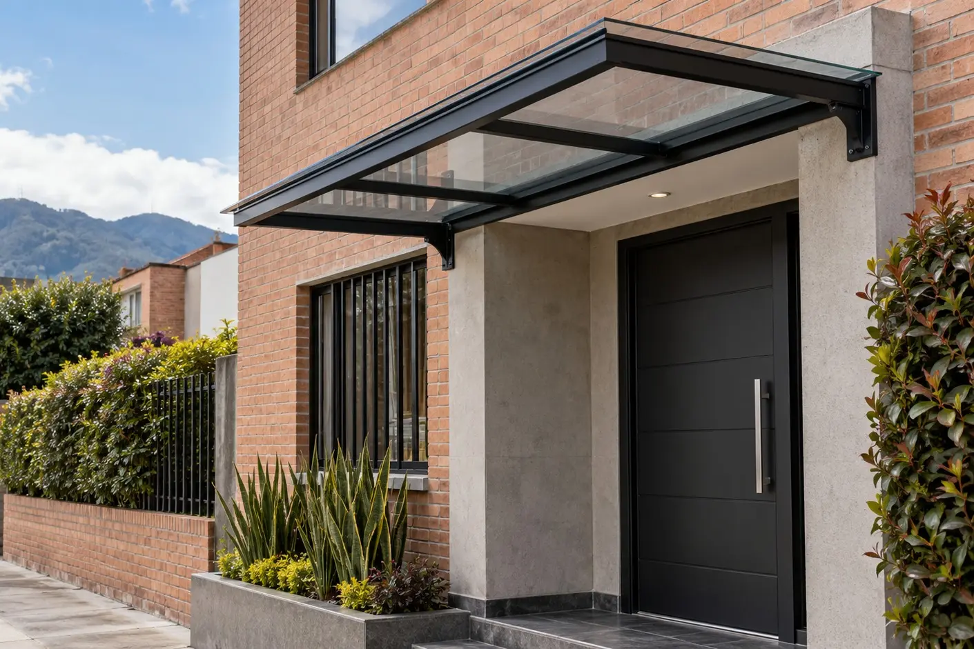 Marquesina de vidrio con estructura metálica instalada sobre la entrada de una casa