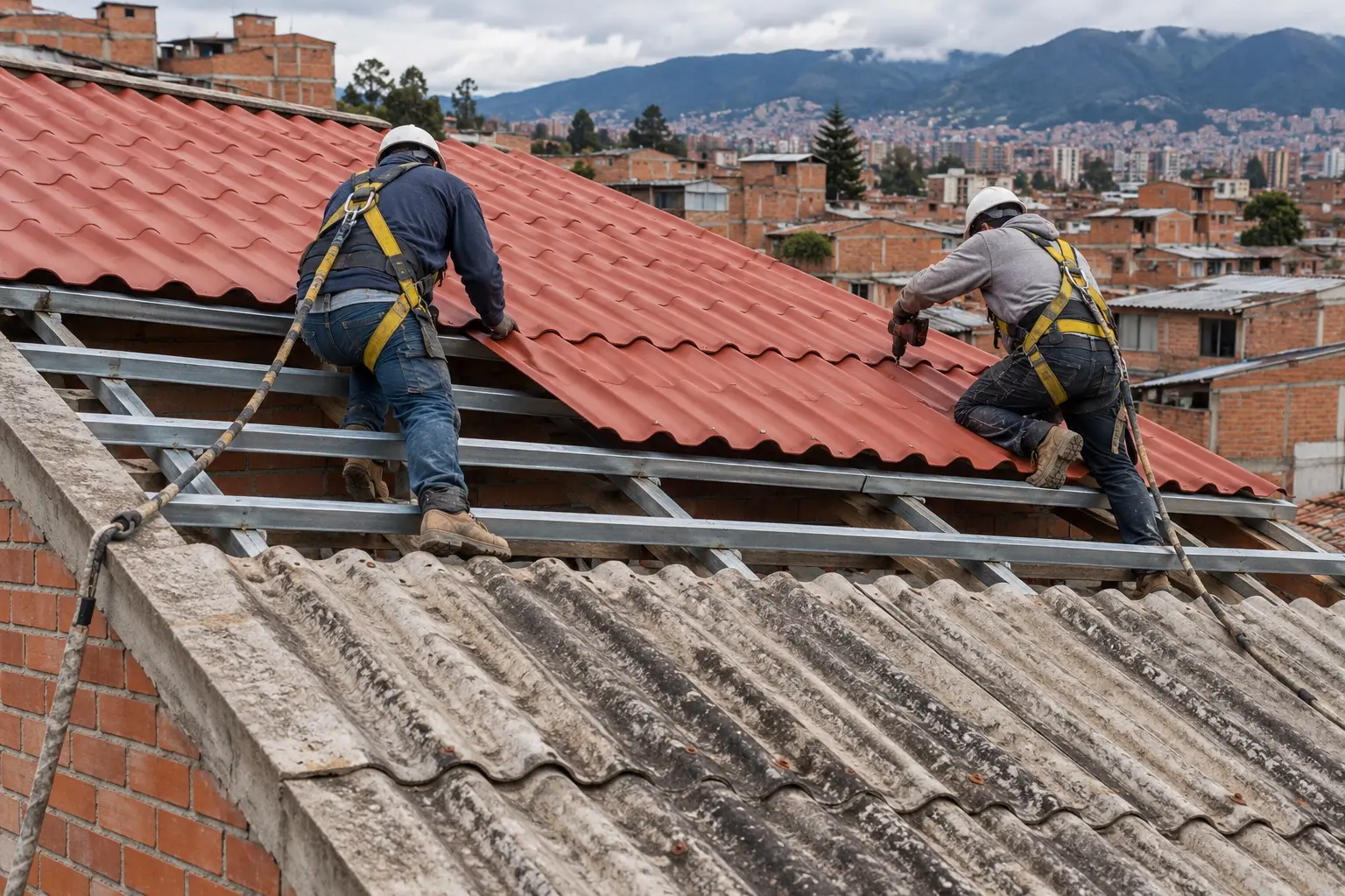 Dos operarios con arnés instalan teja roja nueva sobre correas metálicas, junto a la teja vieja