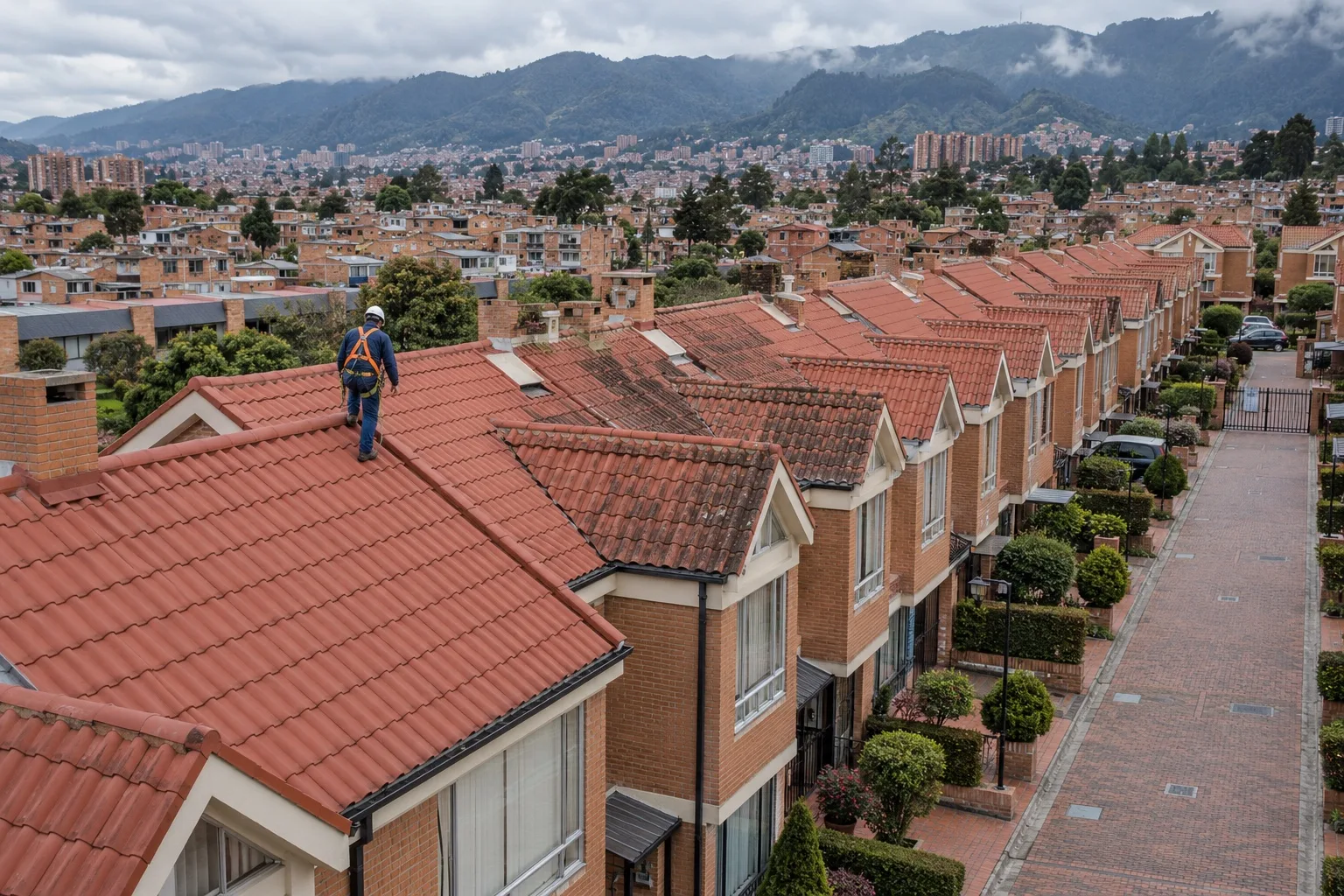 Operario con arnés inspecciona las cubiertas de teja de un conjunto residencial en Bogotá