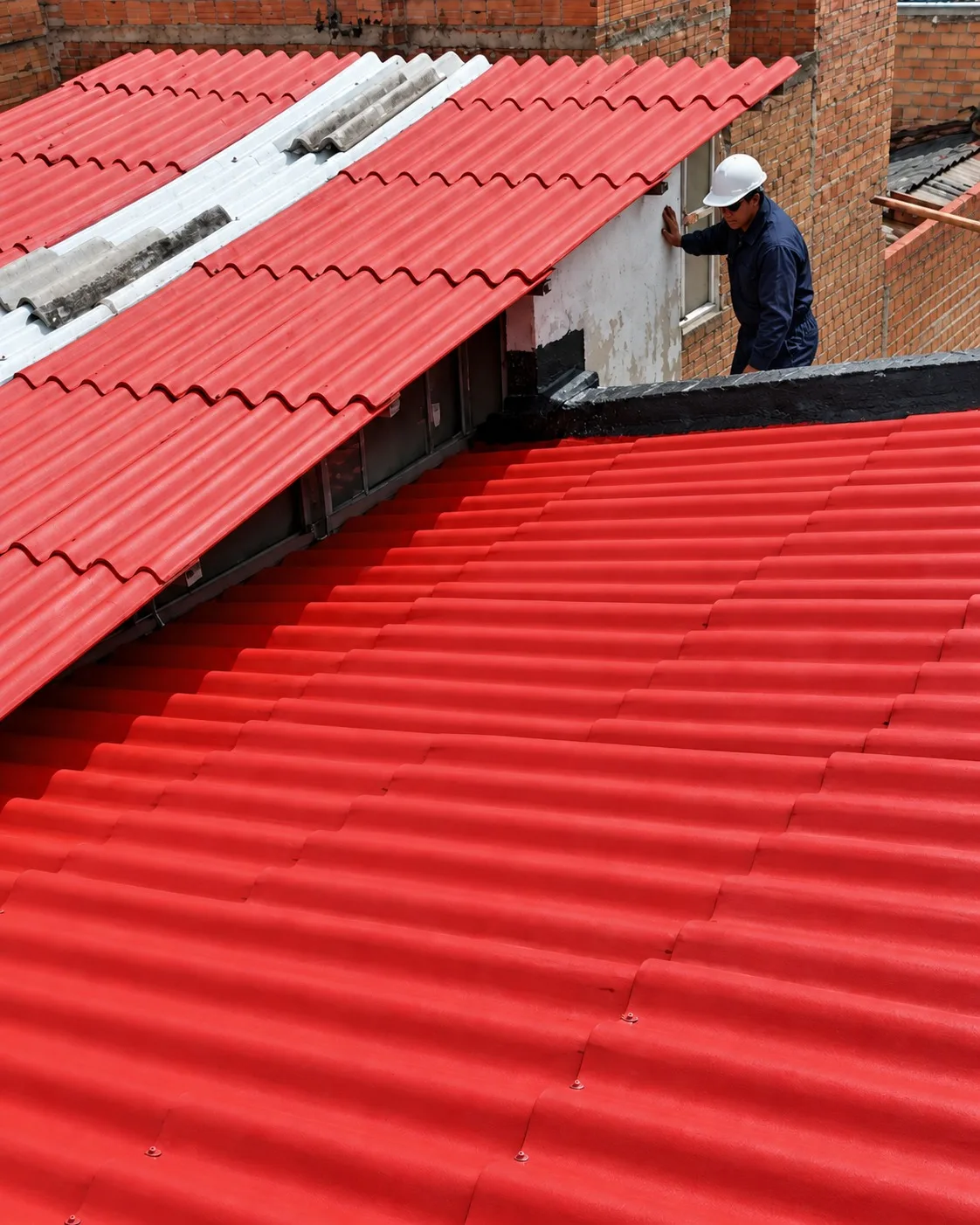 Cubierta de teja ondulada roja nueva con operario revisando los remates junto al muro