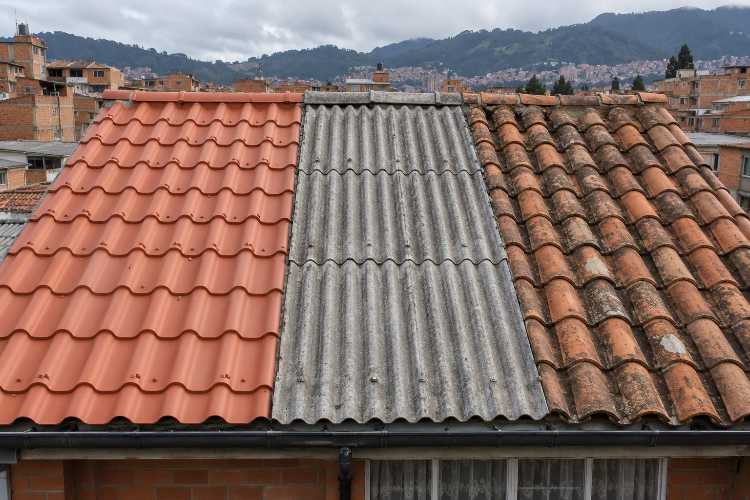 Tres tipos de teja en un mismo techo: termoacústica roja, fibrocemento gris y barro